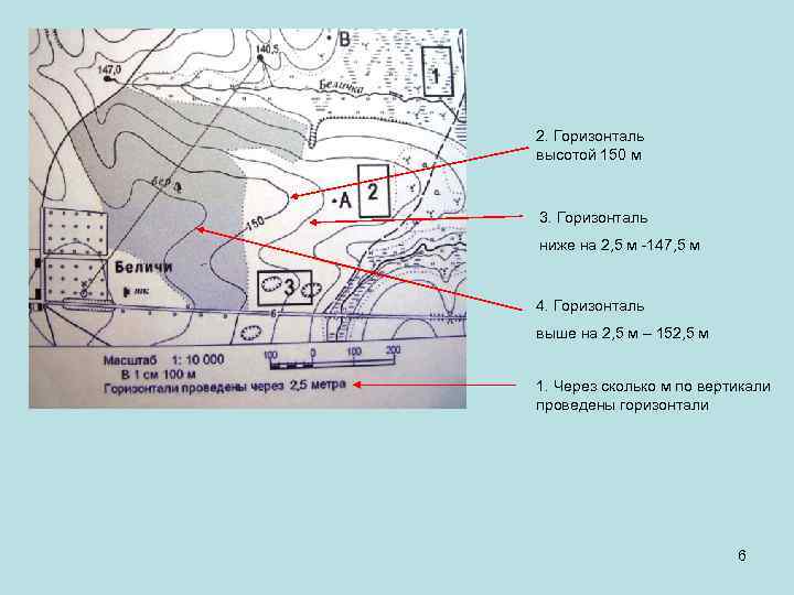 2. Горизонталь высотой 150 м 3. Горизонталь ниже на 2, 5 м -147, 5