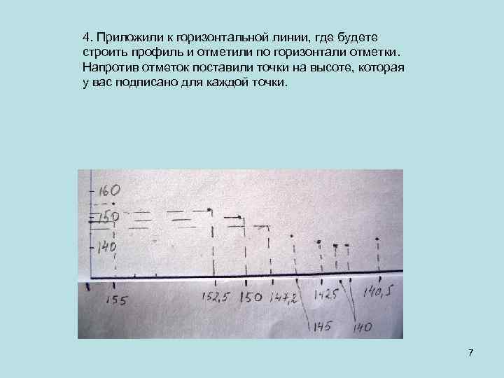 4. Приложили к горизонтальной линии, где будете строить профиль и отметили по горизонтали отметки.