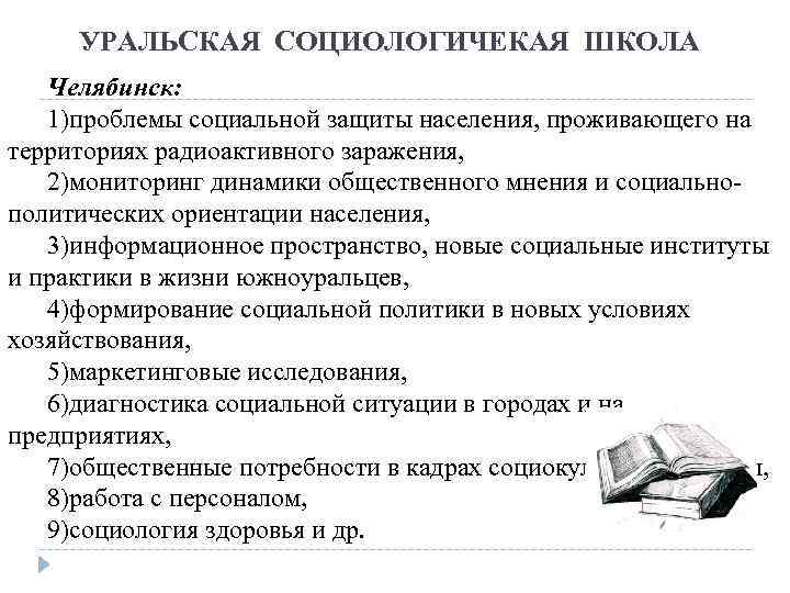 УРАЛЬСКАЯ СОЦИОЛОГИЧЕКАЯ ШКОЛА Челябинск: 1)проблемы социальной защиты населения, проживающего на территориях радиоактивного заражения, 2)мониторинг