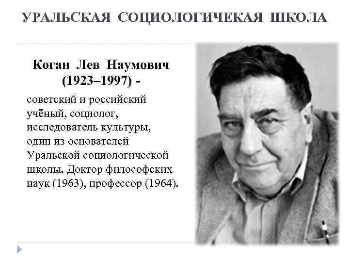 УРАЛЬСКАЯ СОЦИОЛОГИЧЕКАЯ ШКОЛА Коган Лев Наумович (1923– 1997) советский и российский учёный, социолог, исследователь