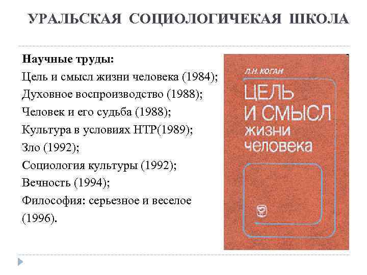 УРАЛЬСКАЯ СОЦИОЛОГИЧЕКАЯ ШКОЛА Научные труды: Цель и смысл жизни человека (1984); Духовное воспроизводство (1988);