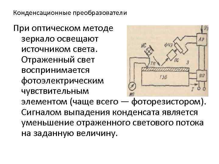 Конденсационные преобразователи При оптическом методе зеркало освещают источником света. Отраженный свет воспринимается фотоэлектрическим чувствительным