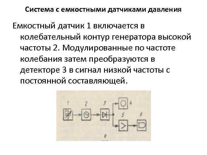 Система с емкостными датчиками давления Емкостный датчик 1 включается в колебательный контур генератора высокой