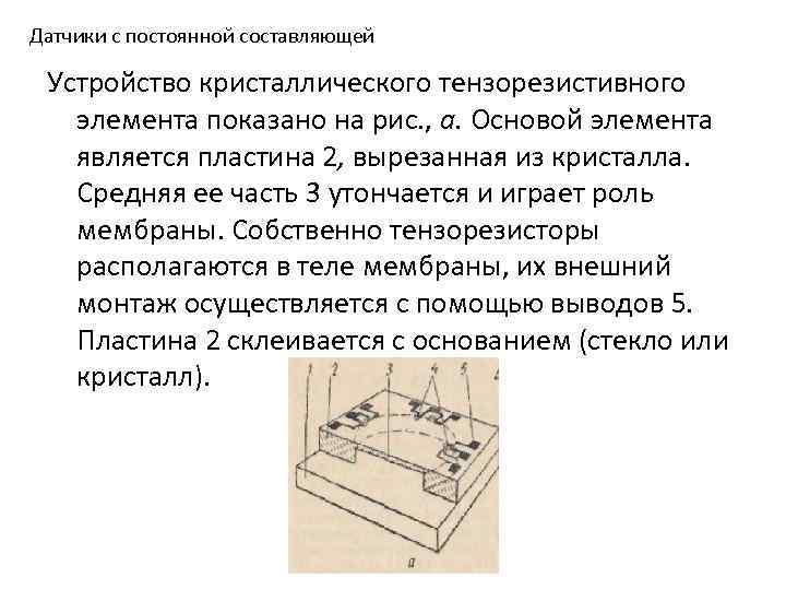 Датчики с постоянной составляющей Устройство кристаллического тензорезистивного элемента показано на рис. , а. Основой