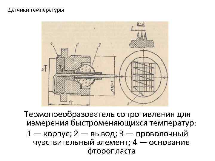 Датчики температуры Термопреобразователь сопротивления для измерения быстроменяющихся температур: 1 — корпус; 2 — вывод;