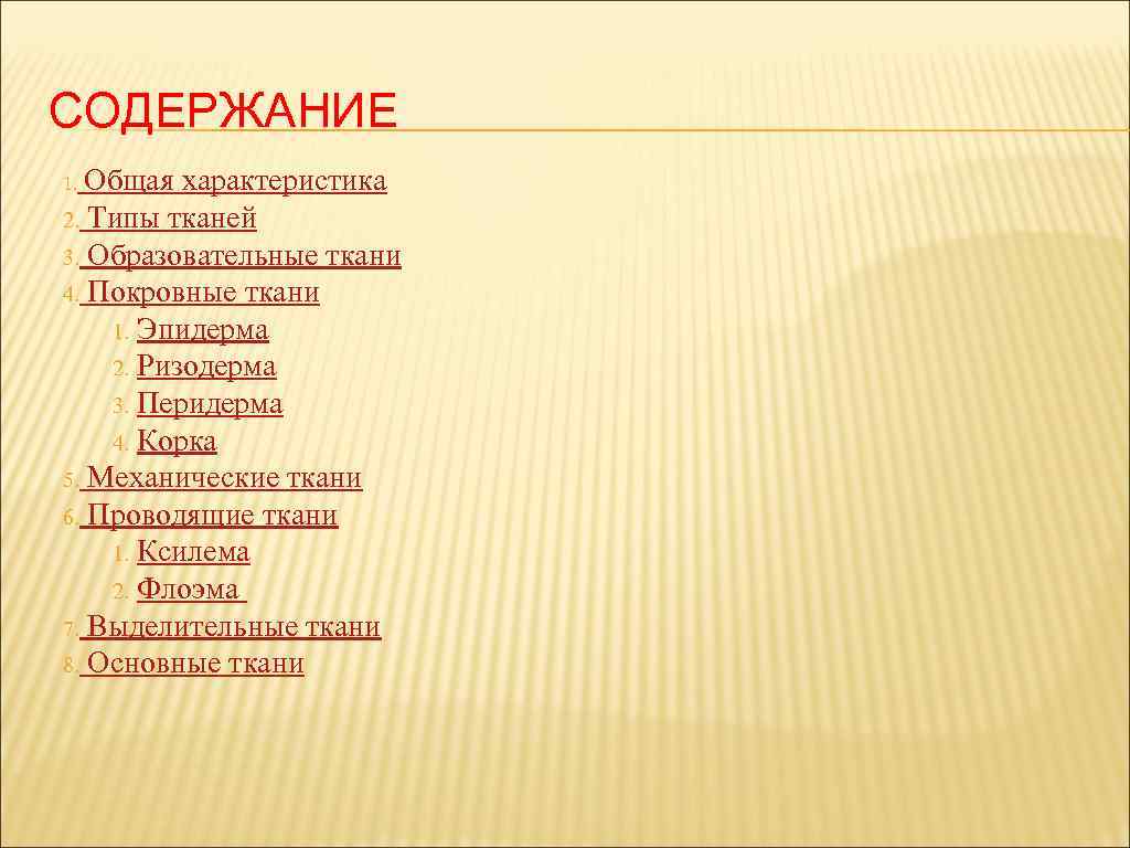 СОДЕРЖАНИЕ Общая характеристика 2. Типы тканей 3. Образовательные ткани 4. Покровные ткани 1. Эпидерма