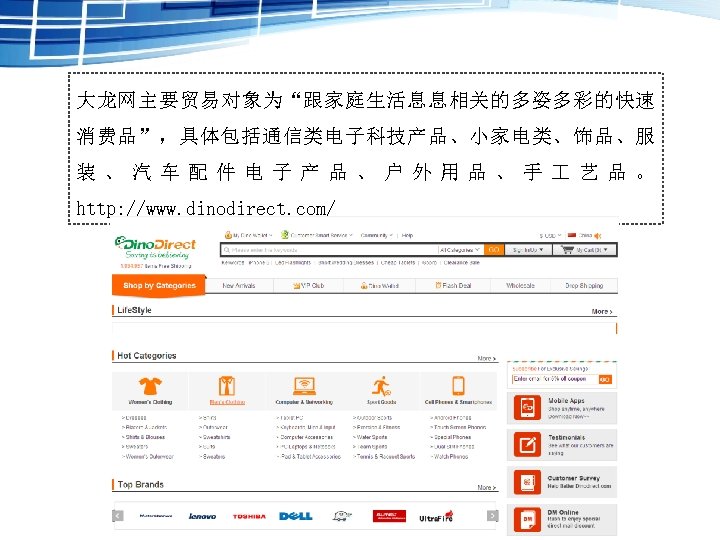 大龙网主要贸易对象为“跟家庭生活息息相关的多姿多彩的快速 消费品”，具体包括通信类电子科技产品、小家电类、饰品、服 装、汽车配件电子产品、户外用品、手 艺品。 http: //www. dinodirect. com/ 