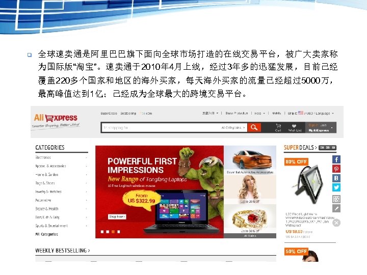  全球速卖通是阿里巴巴旗下面向全球市场打造的在线交易平台，被广大卖家称 为国际版“淘宝”。速卖通于2010年 4月上线，经过3年多的迅猛发展，目前己经 覆盖 220多个国家和地区的海外买家，每天海外买家的流量已经超过5000万， 最高峰值达到 1亿；己经成为全球最大的跨境交易平台。 