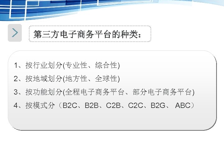 第三方电子商务平台的种类： 1、按行业划分(专业性、综合性) 2、按地域划分(地方性、全球性) 3、按功能划分(全程电子商务平台、部分电子商务平台) 4、按模式分（B 2 C、B 2 B、C 2 C、B 2 G、 ABC）