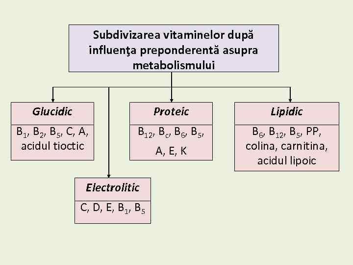 Subdivizarea vitaminelor după influenţa preponderentă asupra metabolismului Glucidic Proteic Lipidic B 1, B 2,