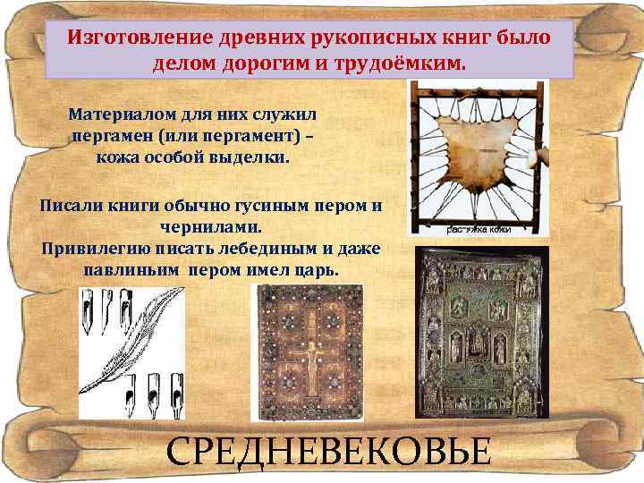 Изготовление древних рукописных книг было делом дорогим и трудоёмким. Материалом для них служил пергамен