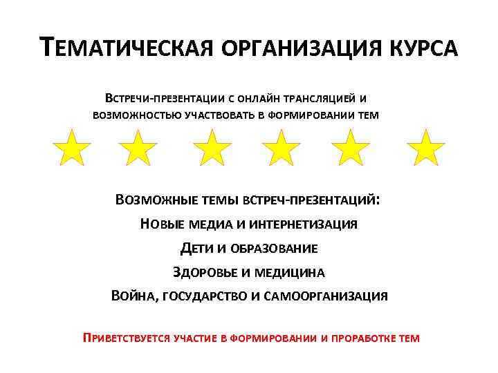 ТЕМАТИЧЕСКАЯ ОРГАНИЗАЦИЯ КУРСА ВСТРЕЧИ-ПРЕЗЕНТАЦИИ С ОНЛАЙН ТРАНСЛЯЦИЕЙ И ВОЗМОЖНОСТЬЮ УЧАСТВОВАТЬ В ФОРМИРОВАНИИ ТЕМ ВОЗМОЖНЫЕ