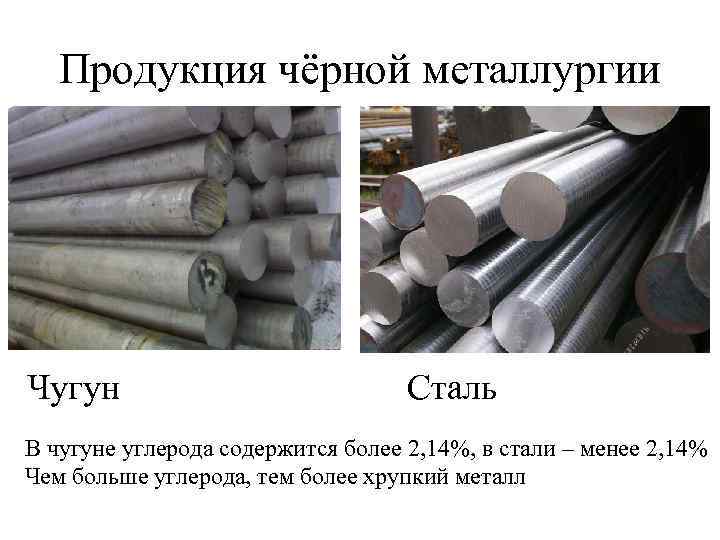Продукция чёрной металлургии Чугун Сталь В чугуне углерода содержится более 2, 14%, в стали
