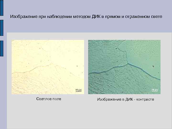 Изображение при наблюдении методом ДИК в прямом и отраженном свете Светлое поле Изображение в