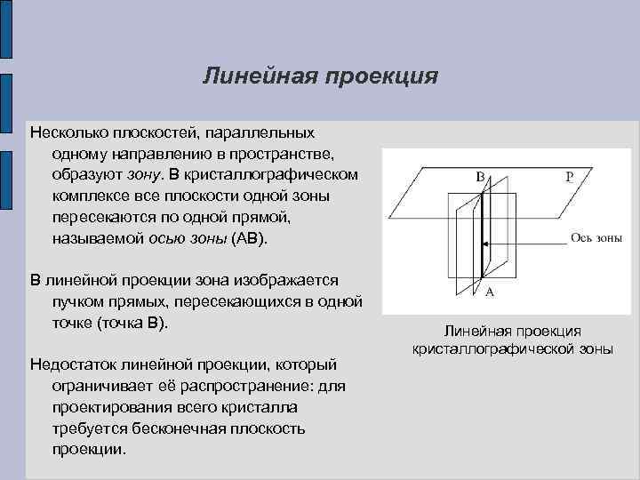 Линейная проекция Несколько плоскостей, параллельных одному направлению в пространстве, образуют зону. В кристаллографическом комплексе