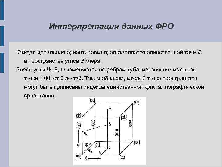 Интерпретация данных ФРО Каждая идеальная ориентировка представляется единственной точкой в пространстве углов Эйлера. Здесь