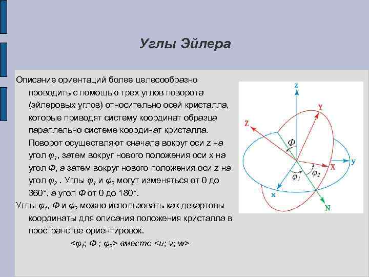 Углы Эйлера Описание ориентаций более целесообразно проводить с помощью трех углов поворота (эйлеровых углов)