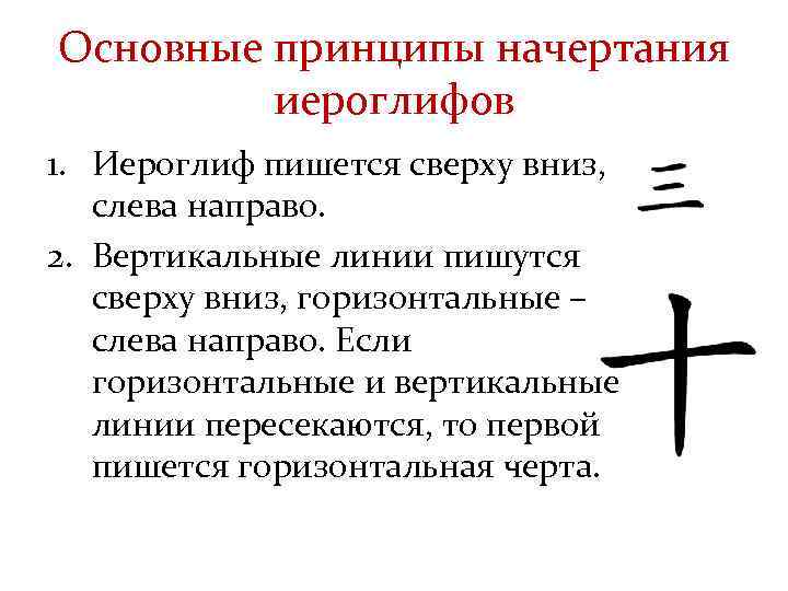 Основные принципы начертания иероглифов 1. Иероглиф пишется сверху вниз, слева направо. 2. Вертикальные линии