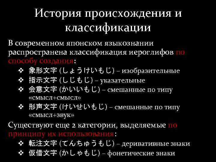 История происхождения и классификации В современном японском языкознании распространена классификация иероглифов по способу создания: