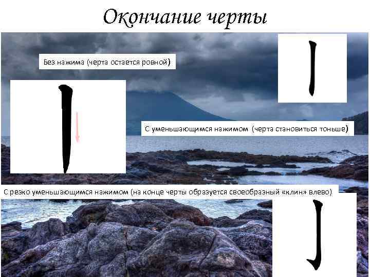 Окончание черты Без нажима (черта остается ровной) С уменьшающимся нажимом (черта становиться тоньше) С