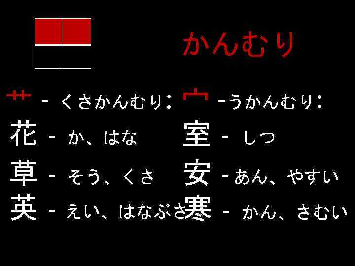 かんむり 艹 - くさかんむり: 宀 -うかんむり: 花 - か、はな 室 - しつ 草 -