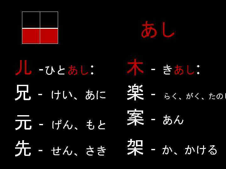 あし げん、もと 木 - きあし: 楽 案 - あん せん、さき 架 - か、かける 儿