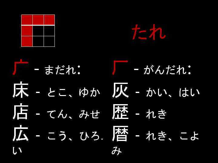 たれ 广 - まだれ: 床 - とこ、ゆか 店 - てん、みせ 広 - こう、ひろ. 厂