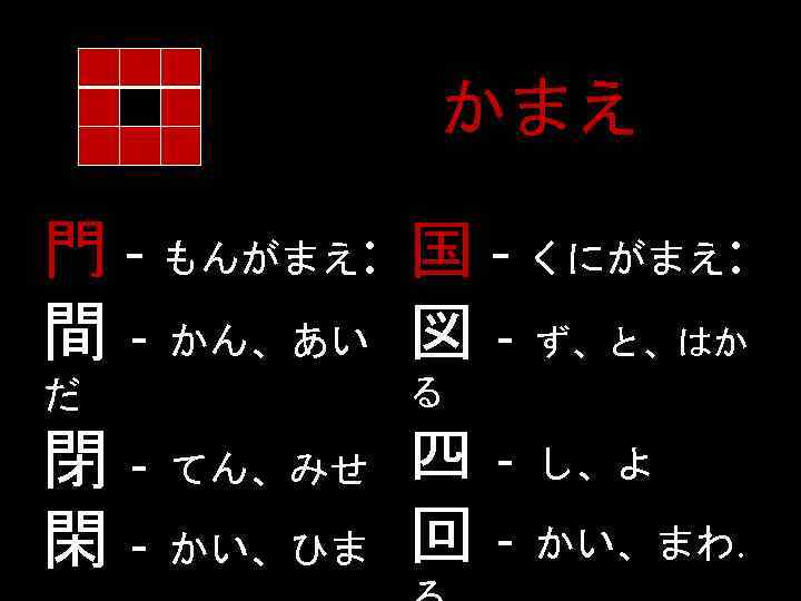 かまえ 門 - もんがまえ: 国 - くにがまえ: 間 - かん、あい 図 - ず、と、はか だ