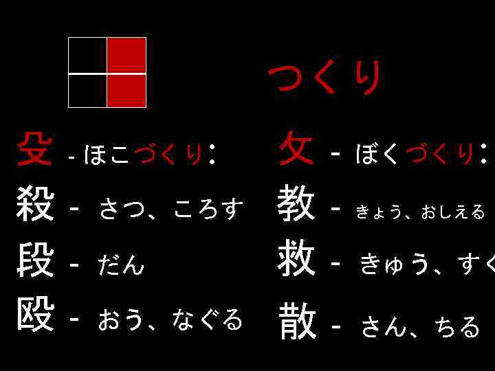 つくり 殳 - ほこづくり: 殺 - さつ、ころす 段 - だん 殴 - おう、なぐる 攵