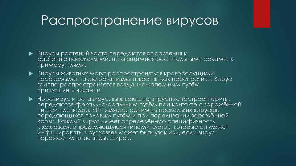 Распространение вирусов Вирусы растений часто передаются от растения к растению насекомыми, питающимися растительными соками,
