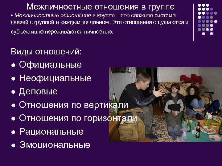 Межличностные отношения в группе • Межличностные отношения в группе – это сложная система связей