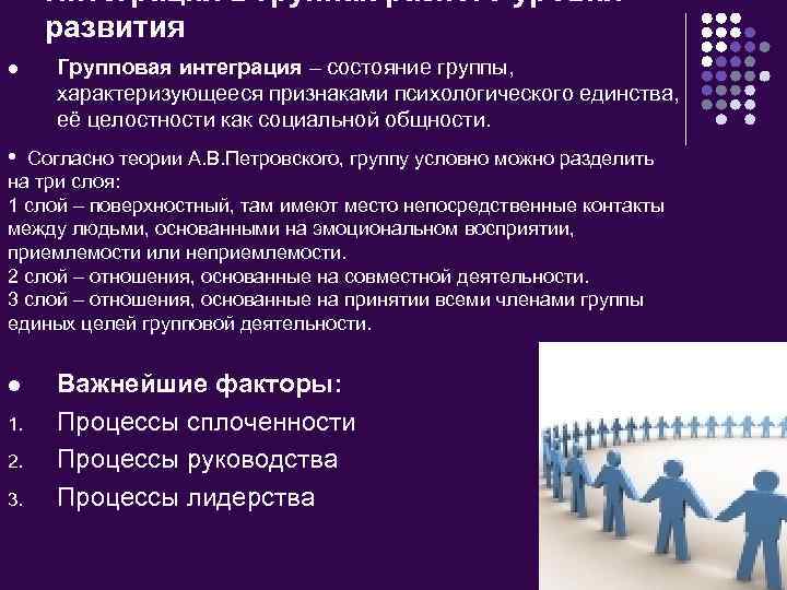 Интеграция в группах разного уровня развития Групповая интеграция – состояние группы, характеризующееся признаками психологического