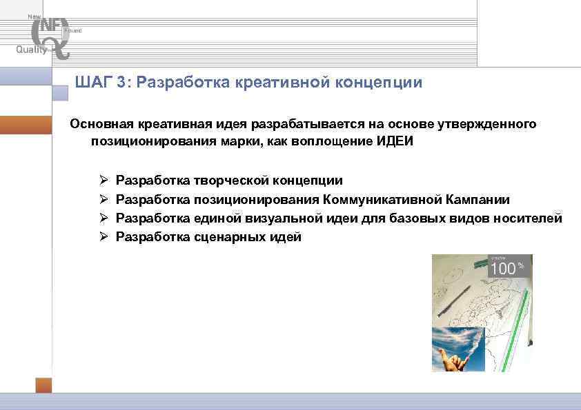 ШАГ 3: Разработка креативной концепции Основная креативная идея разрабатывается на основе утвержденного позиционирования марки,