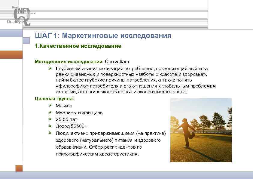 ШАГ 1: Маркетинговые исследования 1. Качественное исследование Методология исследования: Censydiam Ø Глубинный анализ мотиваций