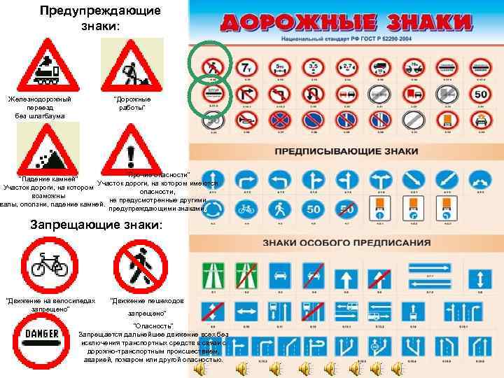 Предупреждающие знаки: Железнодорожный переезд без шлагбаума "Дорожные работы" "Прочие опасности" "Падение камней" Участок дороги,