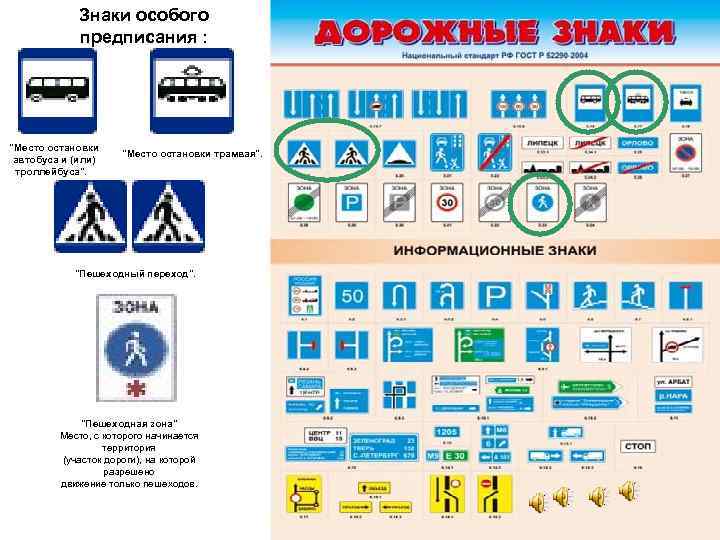 Знаки особого предписания : "Место остановки автобуса и (или) троллейбуса". "Место остановки трамвая". "Пешеходный