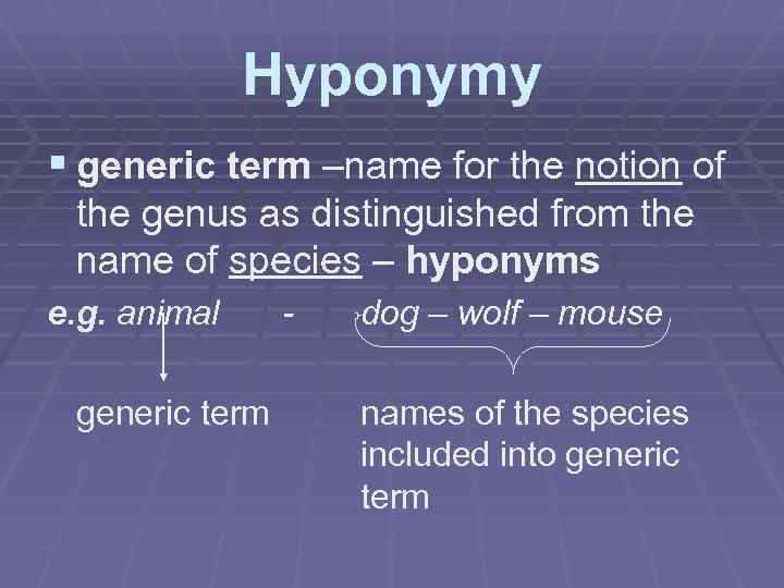 Hyponymy § generic term –name for the notion of the genus as distinguished from