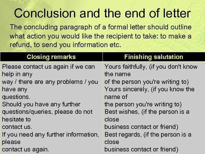 Conclusion and the end of letter The concluding paragraph of a formal letter should