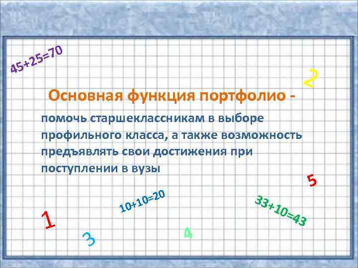 =70 25 45+ Основная функция портфолио - 2 помочь старшеклассникам в выборе профильного класса,