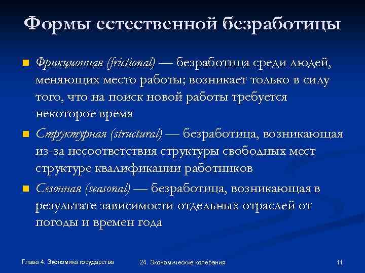 Формы естественной безработицы n n n Фрикционная (frictional) — безработица среди людей, меняющих место