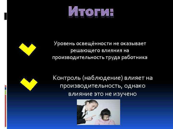 Итоги: Уровень освещённости не оказывает решающего влияния на производительность труда работника Контроль (наблюдение) влияет