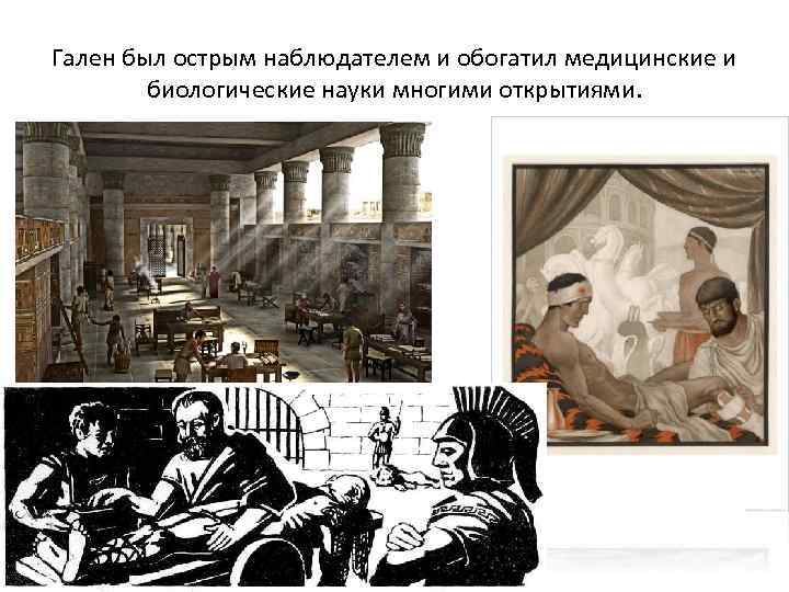 Гален был острым наблюдателем и обогатил медицинские и биологические науки многими открытиями. 
