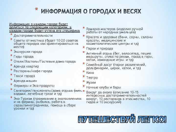 * Информация о каждом городе будет делиться по следующим категориям, в * каждом городе