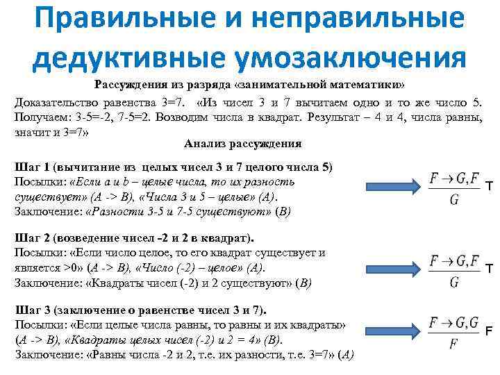 Правильные и неправильные дедуктивные умозаключения Рассуждения из разряда «занимательной математики» Доказательство равенства 3=7. «Из