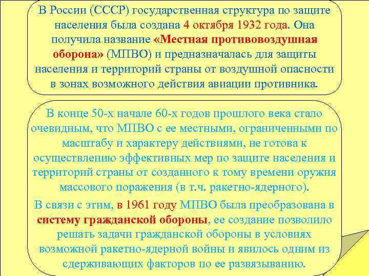 В России (СССР) государственная структура по защите населения была создана 4 октября 1932 года.