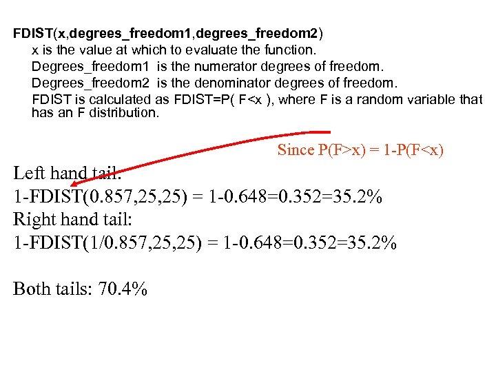 FDIST(x, degrees_freedom 1, degrees_freedom 2) x is the value at which to evaluate the