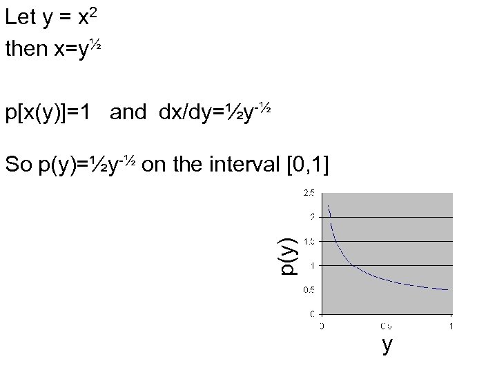 Let y = x 2 then x=y½ p[x(y)]=1 and dx/dy=½y-½ p(y) So p(y)=½y-½ on