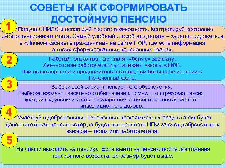 1 СОВЕТЫ КАК СФОРМИРОВАТЬ ДОСТОЙНУЮ ПЕНСИЮ Получи СНИЛС и используй все его возможности. Контролируй