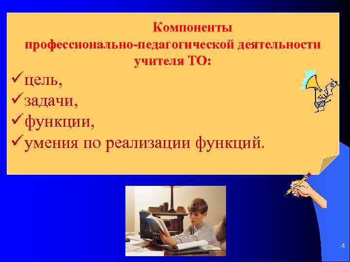 Компоненты профессионально-педагогической деятельности учителя ТО: üцель, üзадачи, üфункции, üумения по реализации функций. 4 