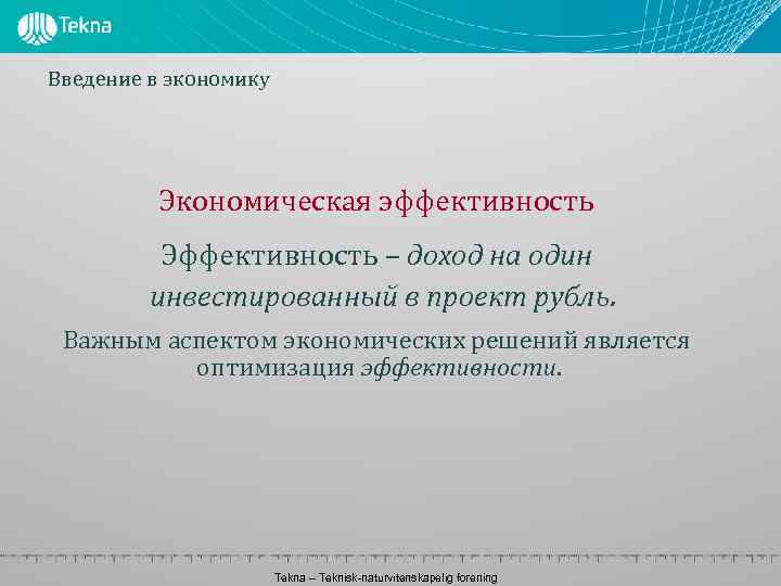 Введение в экономику Экономическая эффективность Эффективность – доход на один инвестированный в проект рубль.